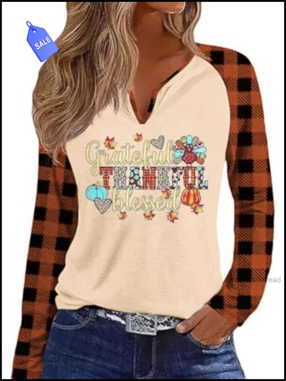 V Neck Plaid Raglan Long Sleeve Thanksgiving Graphic Tee